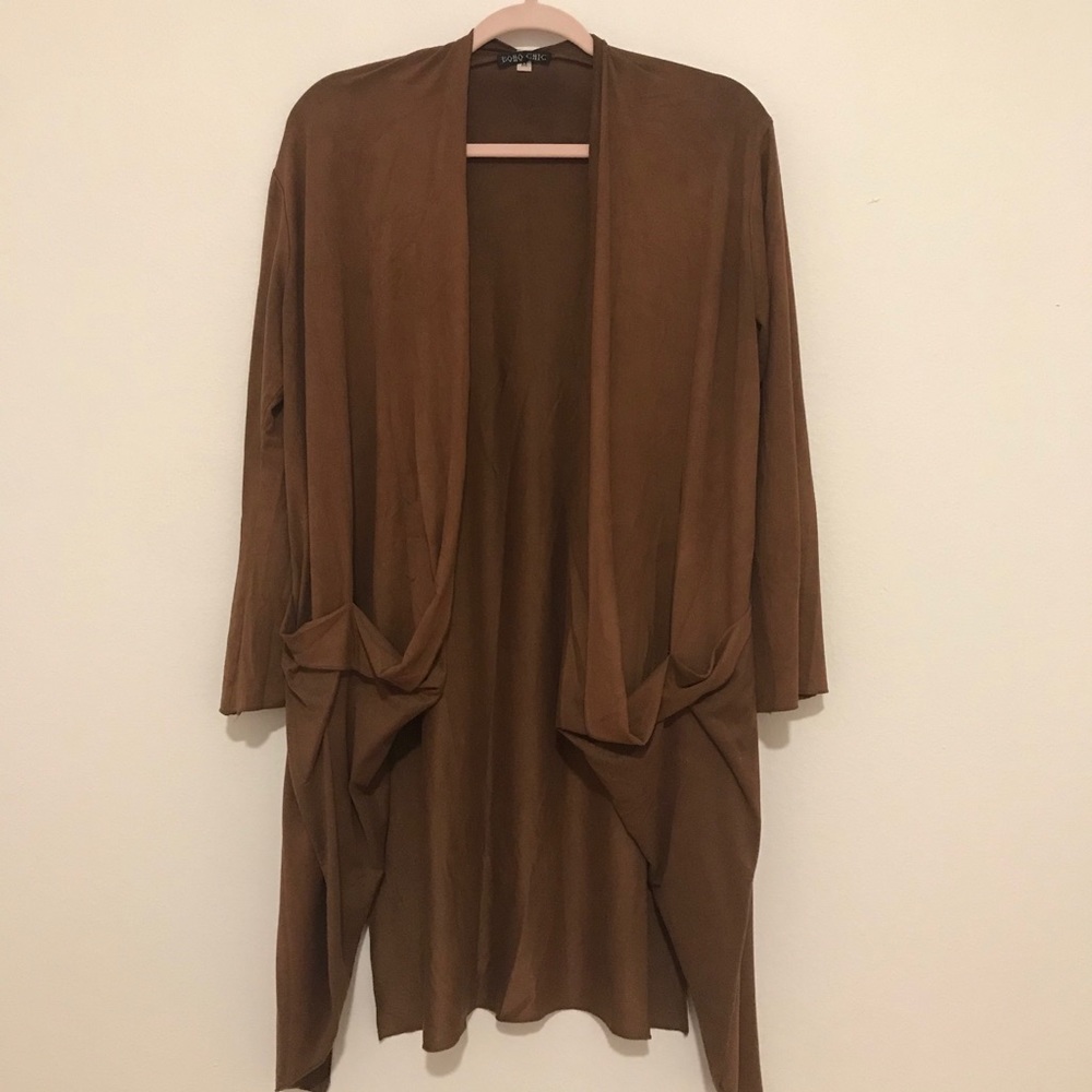 Suede Boho Chic Brown Cardigan Mid Thigh Sweater
